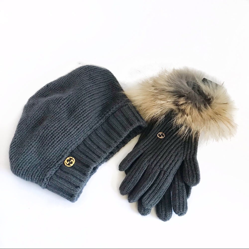 Gucci Hat & fur gloves cashmere Set